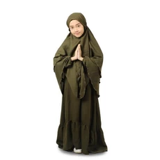 Baju Muslim Anak Perempuan Syari Bergo Hijau Army