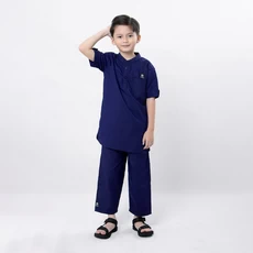 Koko Anak Pakaian Muslim Anak Laki Laki Set Kurta Celana Polos Navy