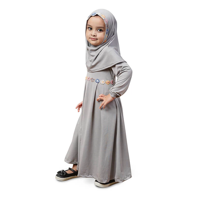 Gamis Anak Baju Muslim Anak Perempuan Polos Jersey Renda Murah Cantik Lucu - Abu