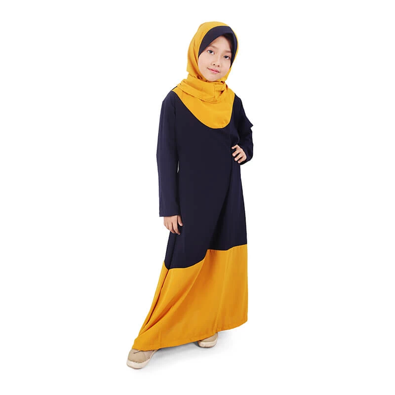 Gamis Anak Baju Muslim Anak Perempuan Kombinasi Polos Cantik Wolfis - Navy Mustard