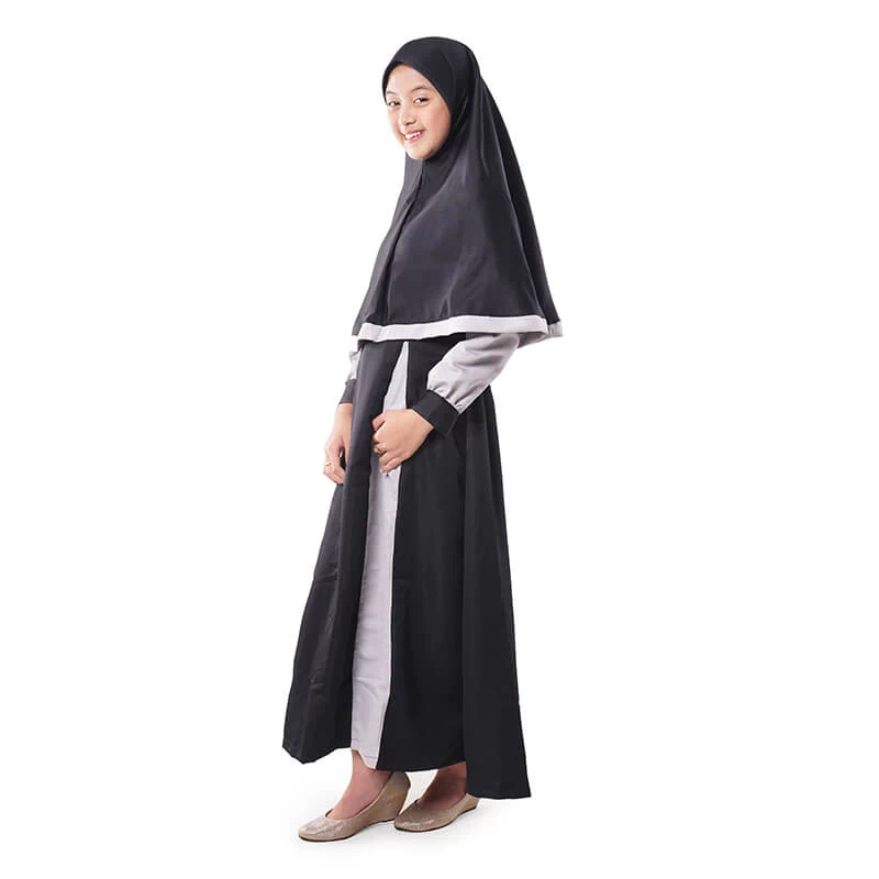 Gamis Anak Baju Muslim Anak Perempuan Komibinasi Raglan Murah Cantik - Hitam Abu