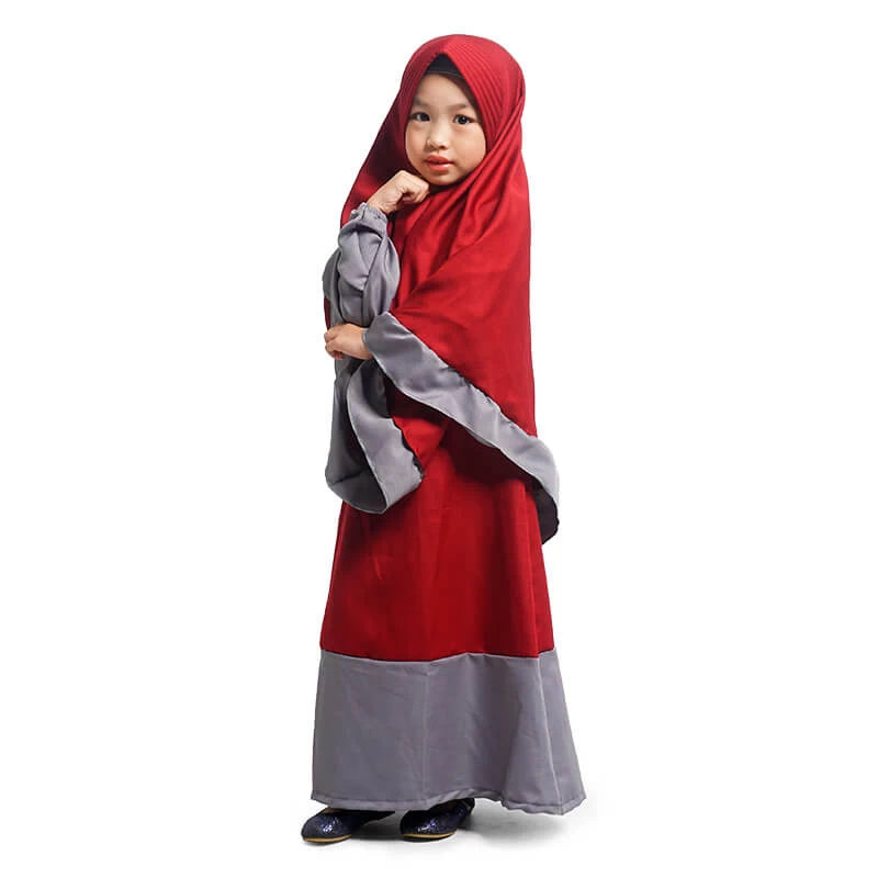 Gamis Anak Baju Muslim Anak Perempuan syar'i Dua Warna Moscrepe Murah Cantik - Marun