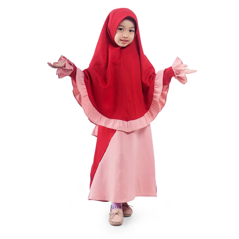 Gamis Anak Baju Muslim Anak Perempuan syar'i Kombinasi Rempel Diagonal - Marun Pink