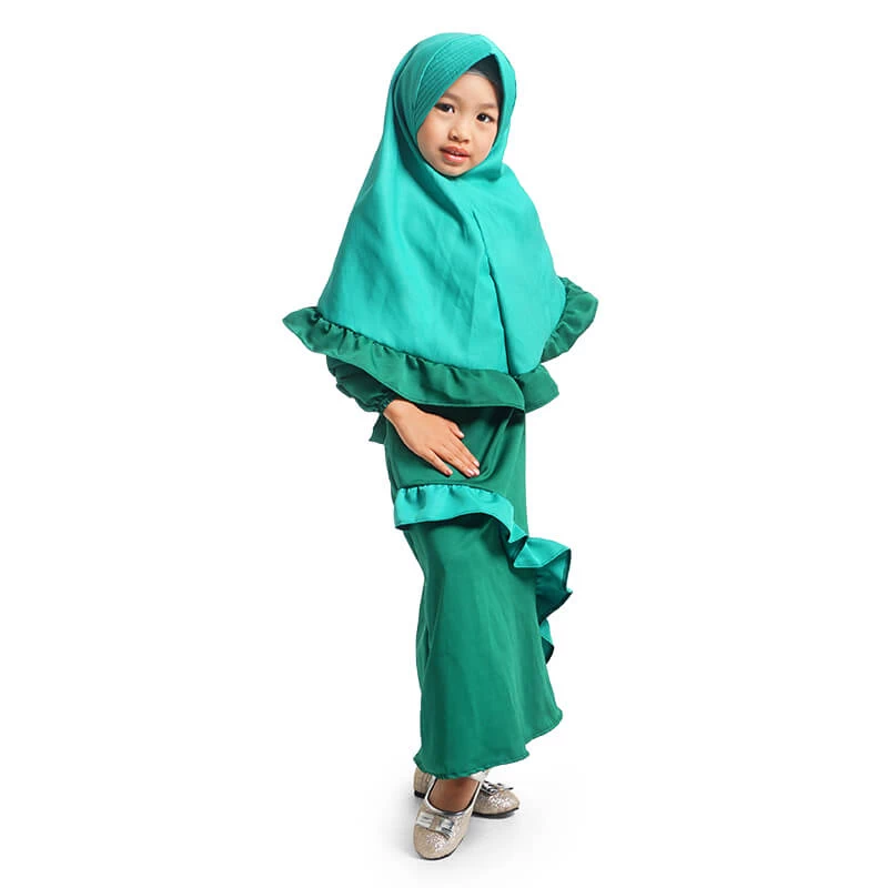 Gamis Anak Baju Muslim Anak Perempuan Kombinasi Rempel Diagonal - Hijau Botol