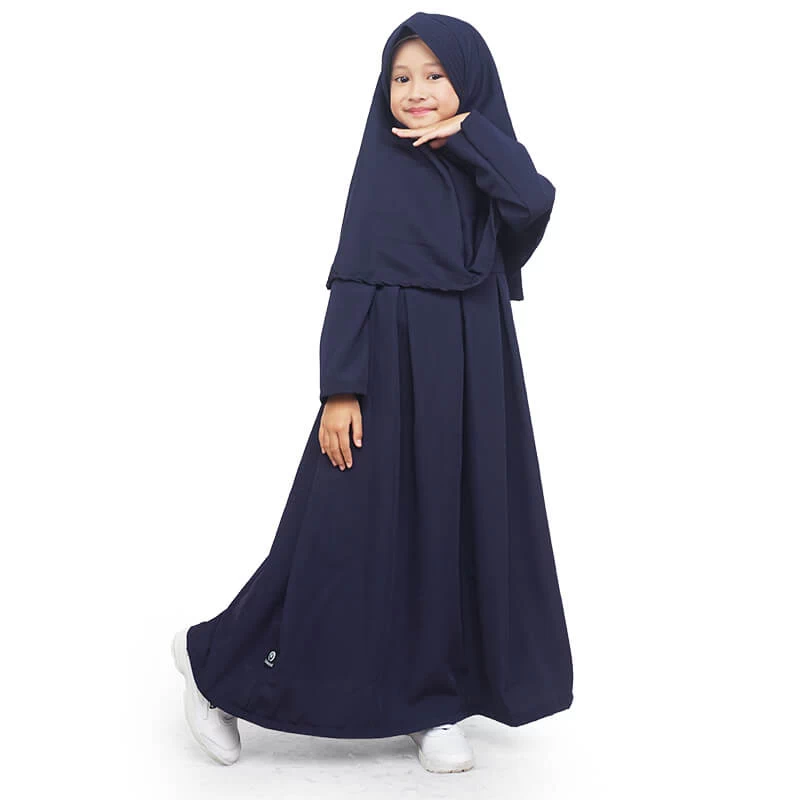 Gamis Anak Baju Muslim Anak Perempuan Polos Basic Wolfis Set Jilbab Murah Cantik - Navy