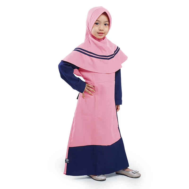 Gamis Anak Baju Muslim Anak Perempuan Kombinasi Garis Moscrepe Murah Cantik - Pink