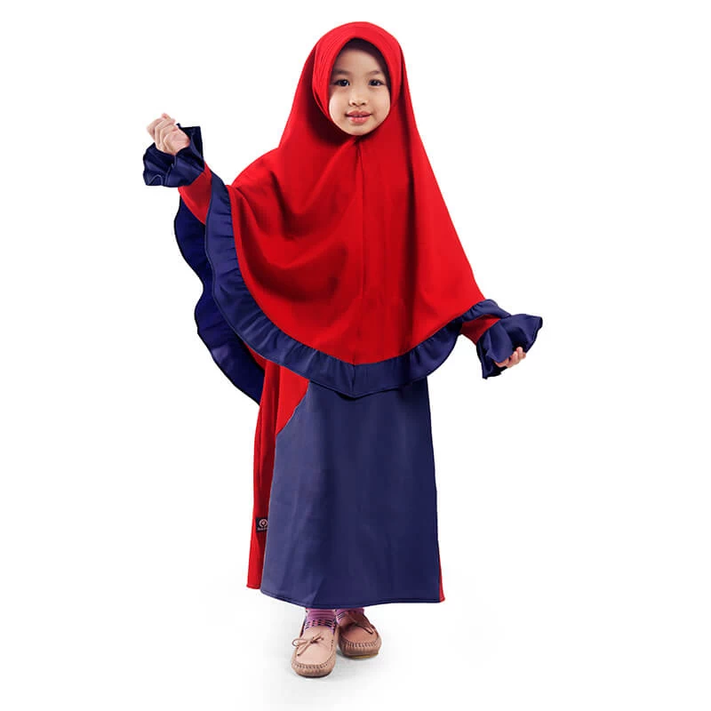 Gamis Anak Baju Muslim Anak Perempuan syar'i Kombinasi Rempel Diagonal Marun Navy