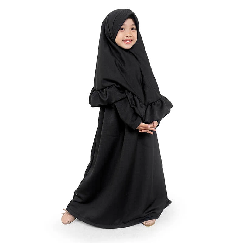 Gamis Anak Baju Muslim Anak Perempuan Polos Rempel Balotelli Murah Cantik - Hitam