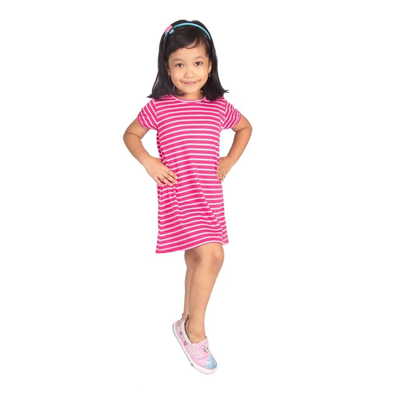 Dress Anak Murah Salur Bergaris - Pink Pendek