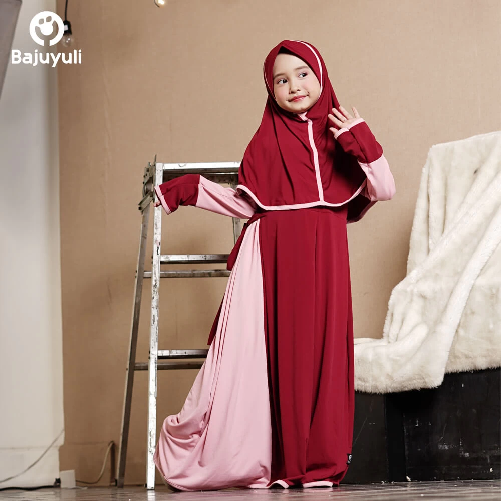 TK0400 Baju Muslim Anak Perempuan Kombinasi Cantikmarun Syari Shahia