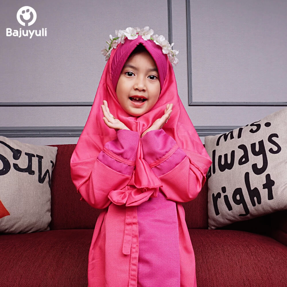 TK0626 Baju Muslim Anak Perempuan Kombinasi Pink Bunga Pita Murah 2 thn