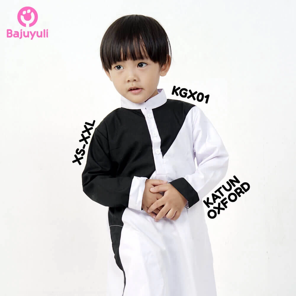 TK0669 Baju Muslim Anak Laki Laki Kombinasi Putih Hitam basic Terbaru 2023
