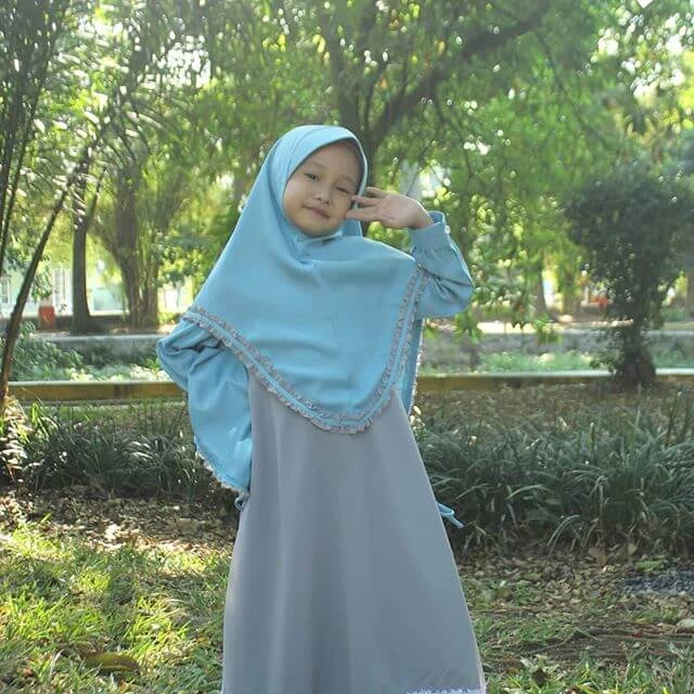 TK0827 Baju Muslim Anak Perempuan Kombinasi Abu Biru Modern Tanggung