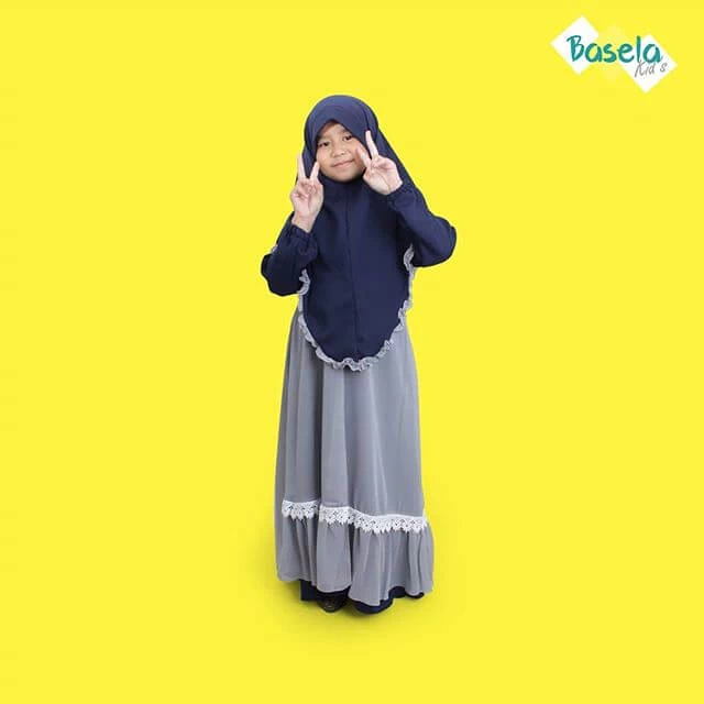 TK0850 Baju Muslim Anak Warna Abu Navy Renda Modern Nubi