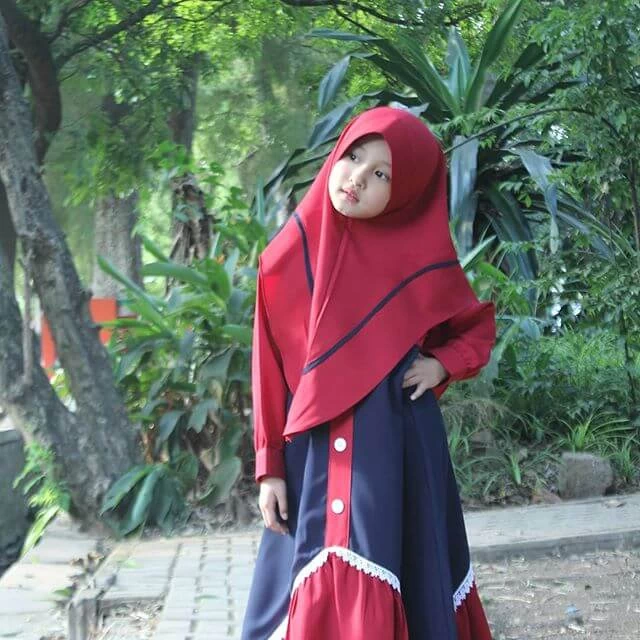 TK0869 Baju Anak Gamis Kombinasi Merah Navy Renda Murah Shahia Hijab