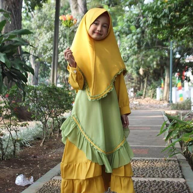 TK0904 Baju Gamis Anak Kombinasi Kuning Hijau Renda Terbaru Tanggung