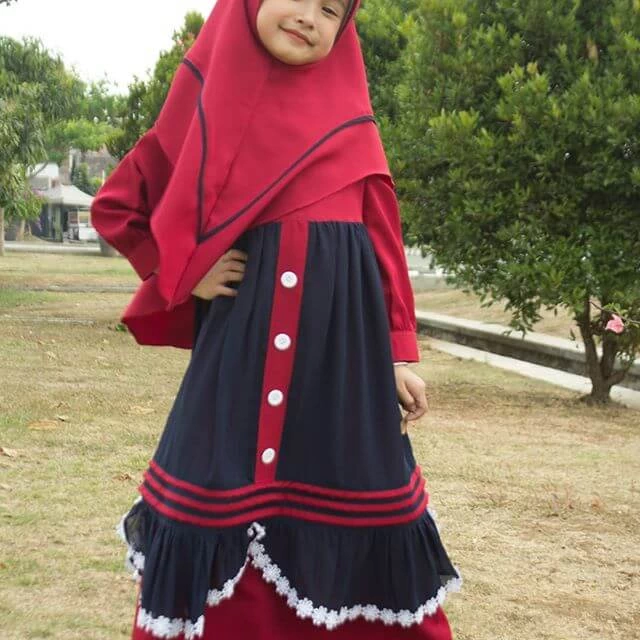 TK0937 Gamis Muslim Anak Warna Navy Merah Lis Kancing Terbaru 2022 Shahia Hijab