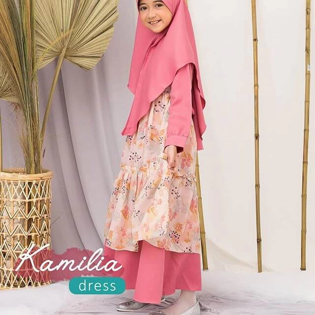 TK0970 Baju Muslim Anak Warna Pink Printing Kuning Polos 1 thn