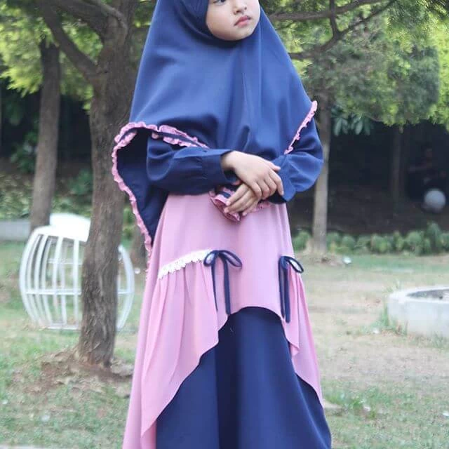 TK0974 Baju Muslim Anak Perempuan Warna Navy Ungu Rempel Renda Murah Nubi