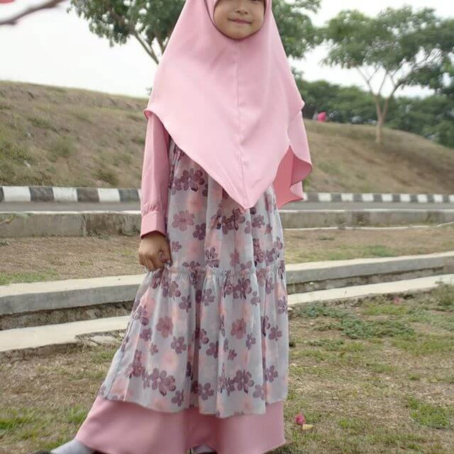 TK0979 Baju Gamis Anak Kombinasi Pink Printing Ungu Muda Syari Naura