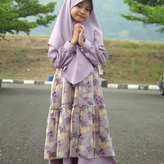 TK0981 Baju Muslim Anak Perempuan Warna Lavender Printing Terbaru 2022 Tanggung