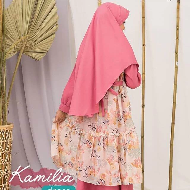 TK1023 Baju Muslim Anak Perempuan Warna Dusty Kuning Printing Lucu Tanggung