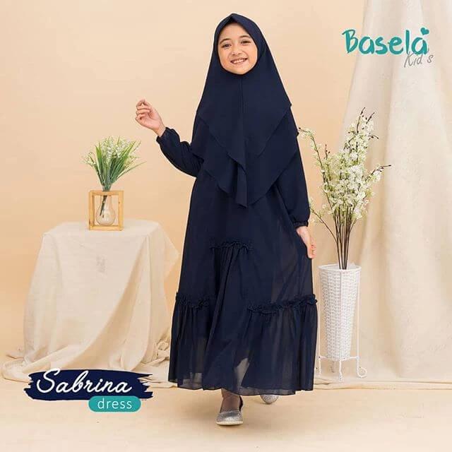 TK1033 Baju Anak Gamis Kombinasi Navy Polos Basic Set Murah Shahia Hijab