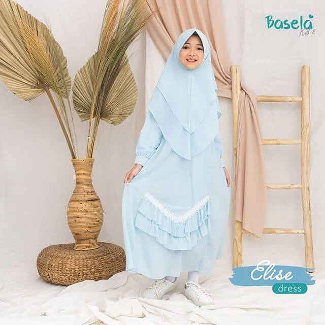 TK1056 Baju Anak Gamis Warna Biru Langit Renda Bawah Polos Shahia Hijab