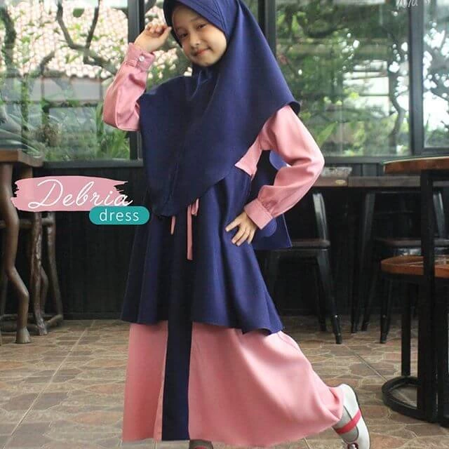 TK1070 Baju Muslim Anak Perempuan Warna Navy Peach Polos 2 thn
