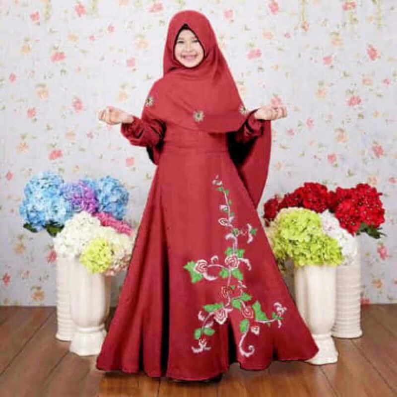 TK1076 Baju Muslim Anak Perempuan Kombinasi Marun Bunga Terbaru 2022 Cutetrik