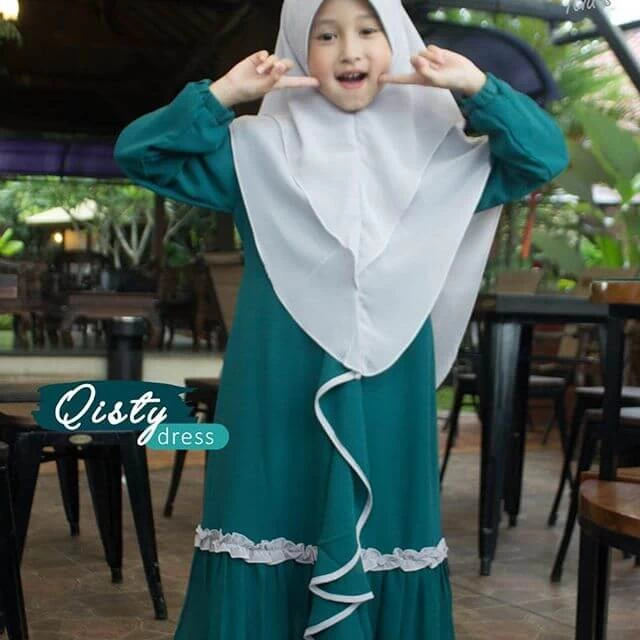 TK1078 Baju Muslim Anak Perempuan Warna Toska Lis Abu Terbaru Tanggung