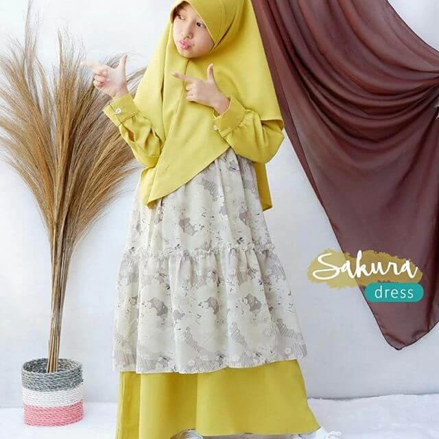 TK1088 Baju Muslim Anak Warna Kuning Printing Bunga Polos Tanggung