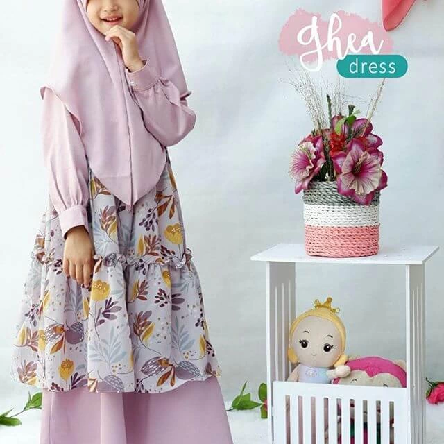 TK1094 Baju Anak Gamis Warna Lavender Bunga Print Modern 2 thn
