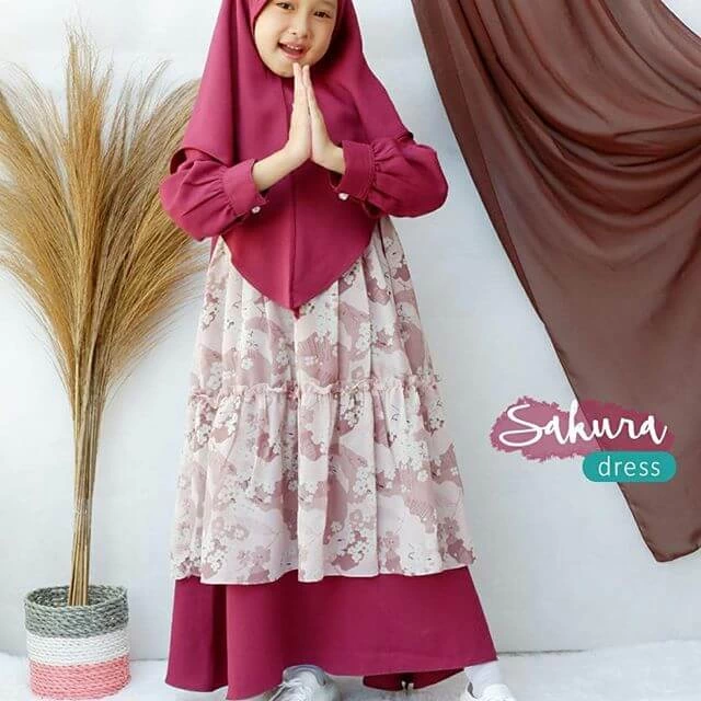 TK1095 Baju Muslim Anak Kombinasi Marun Print Abu Terbaru 2023 Shahia Hijab