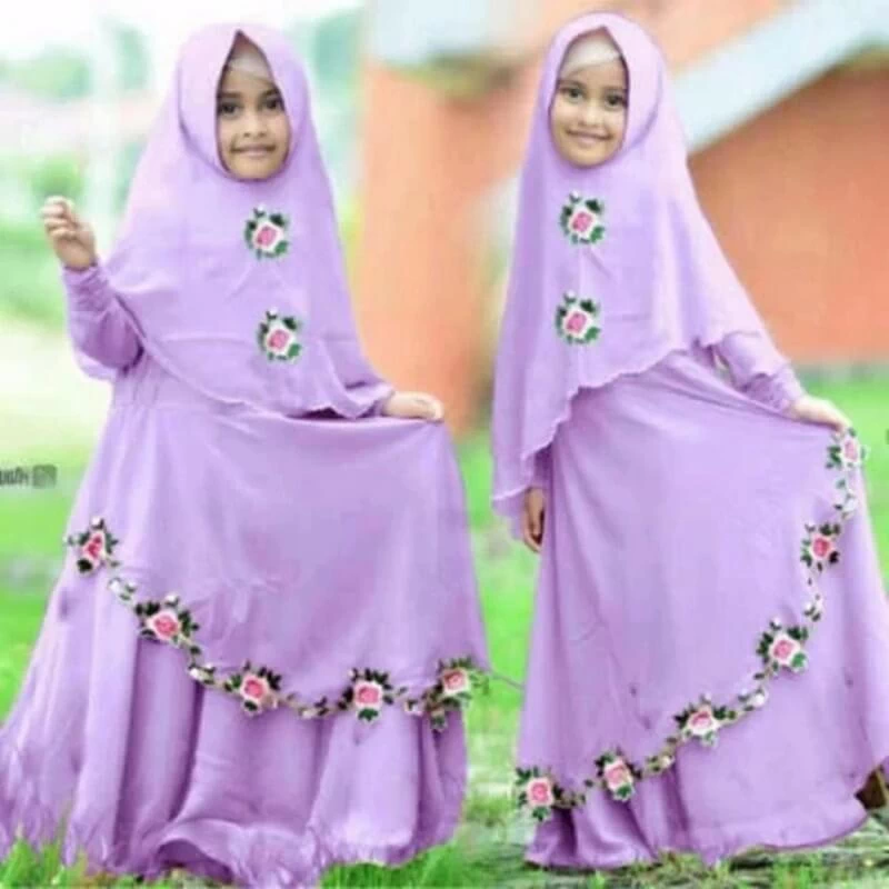 TK1106 Baju Muslim Anak Perempuan Kombinasi Lavender Set Rempel Lucu Tanggung