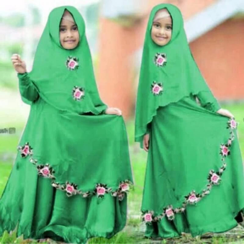 TK1107 Gamis Muslim Anak Kombinasi Rempel Hijau Set Terbaru 2022 Shahia Hijab