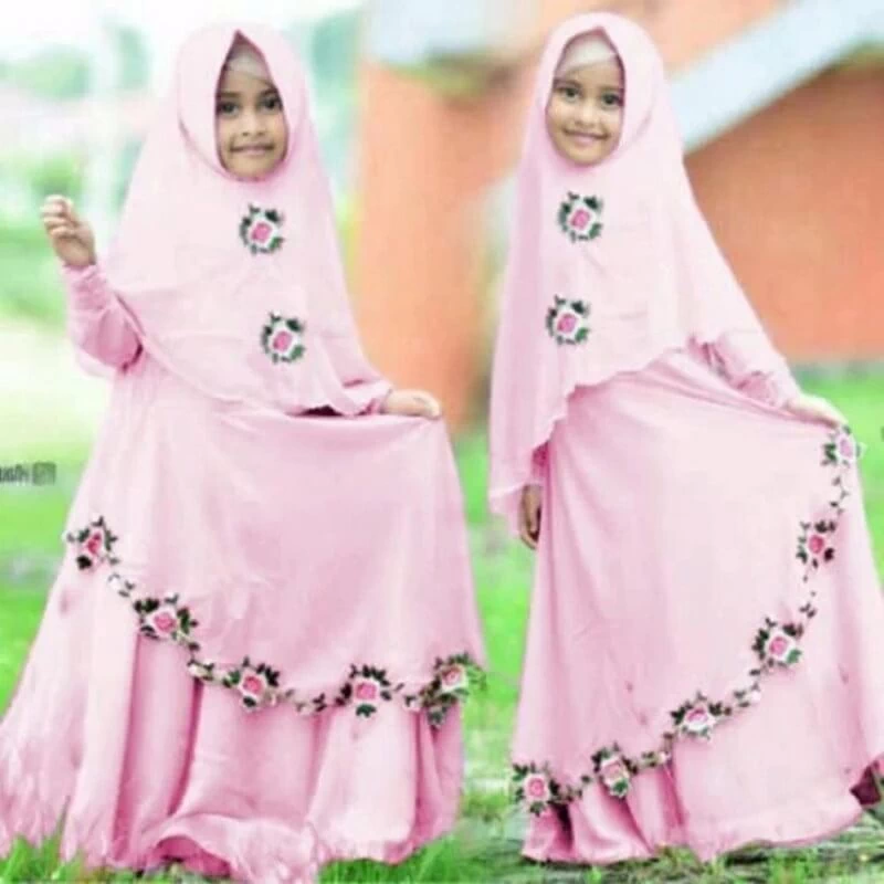 TK1109 Baju Anak Gamis Warna Salem Bunga Print Syari Rabbani