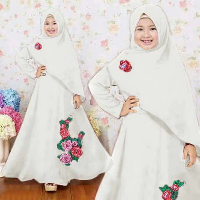 TK1110 Gamis Muslim Anak Kombinasi Putih Bw Bunga Terbaru 2022 1 thn
