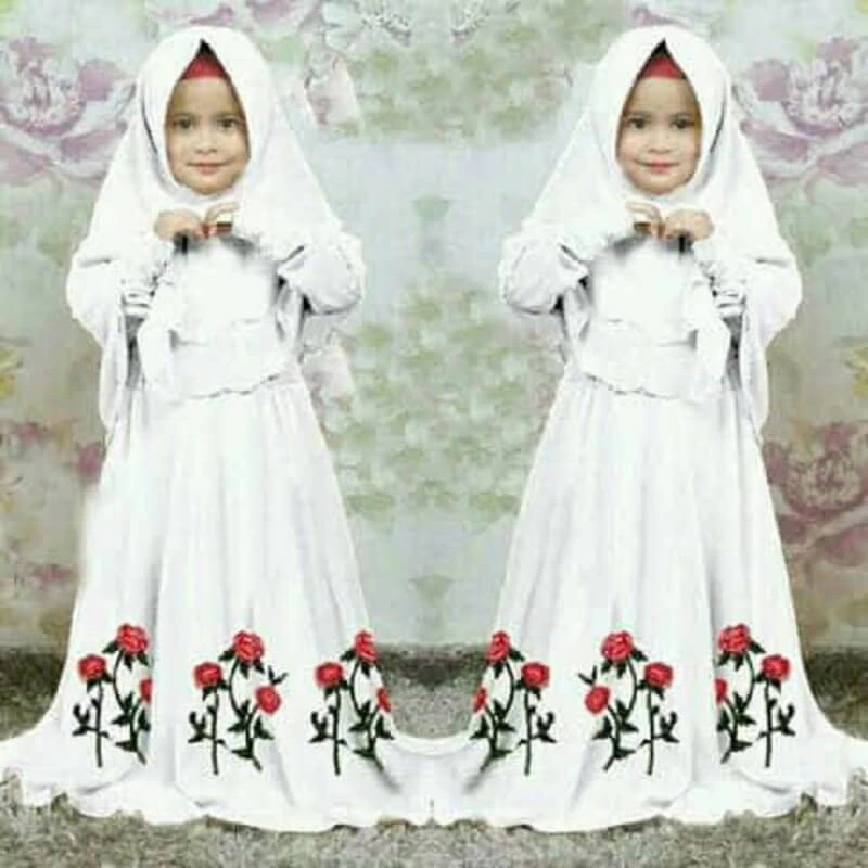 TK1116 Baju Anak Gamis Kombinasi Putih Set Bunga Mawar Modern Naura