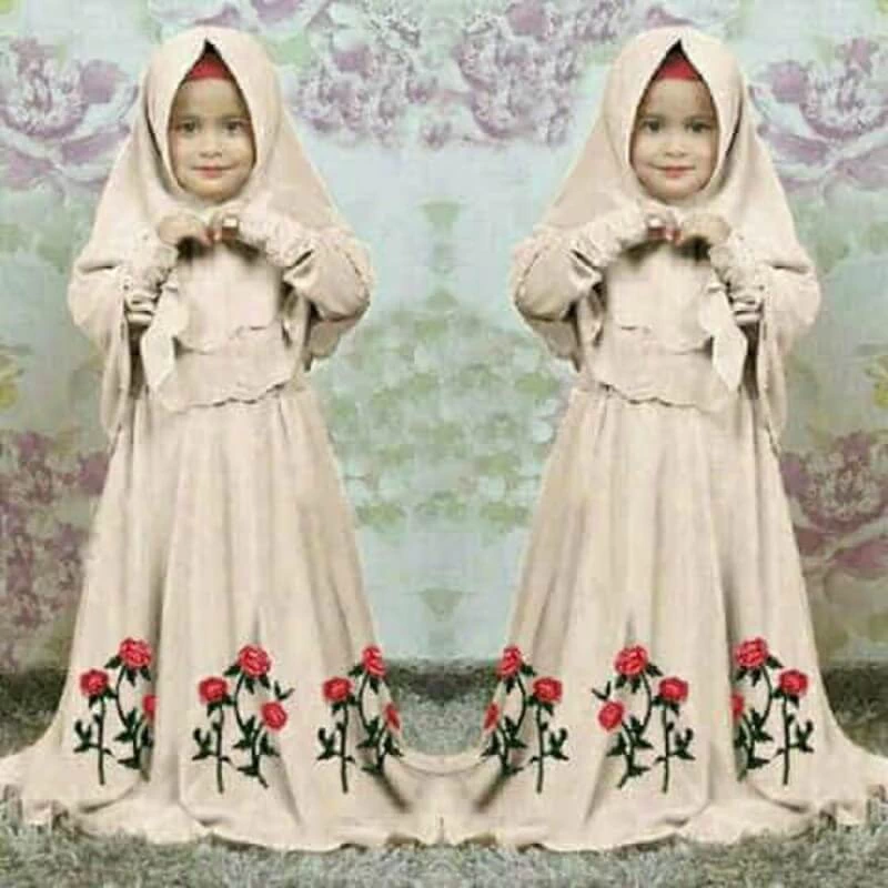 TK1119 Baju Muslim Anak Perempuan Kombinasi Abu Mocca Bunga Terbaru 2023 1 thn