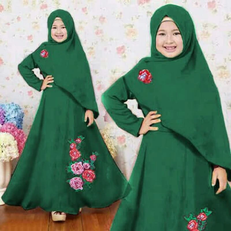 TK1123 Baju Muslim Anak Warna Hijau Bordir Bunga Modern Shahia Hijab