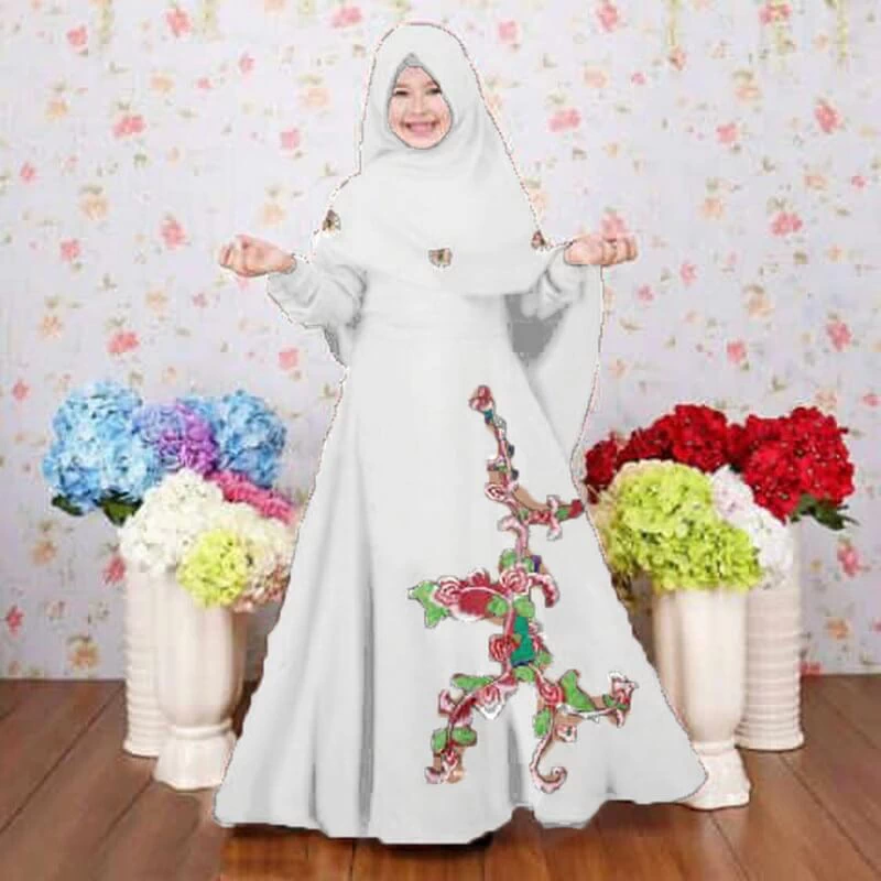 TK1125 Baju Muslim Anak Kombinasi Putih Bordir Set Bunga Modern Nubi