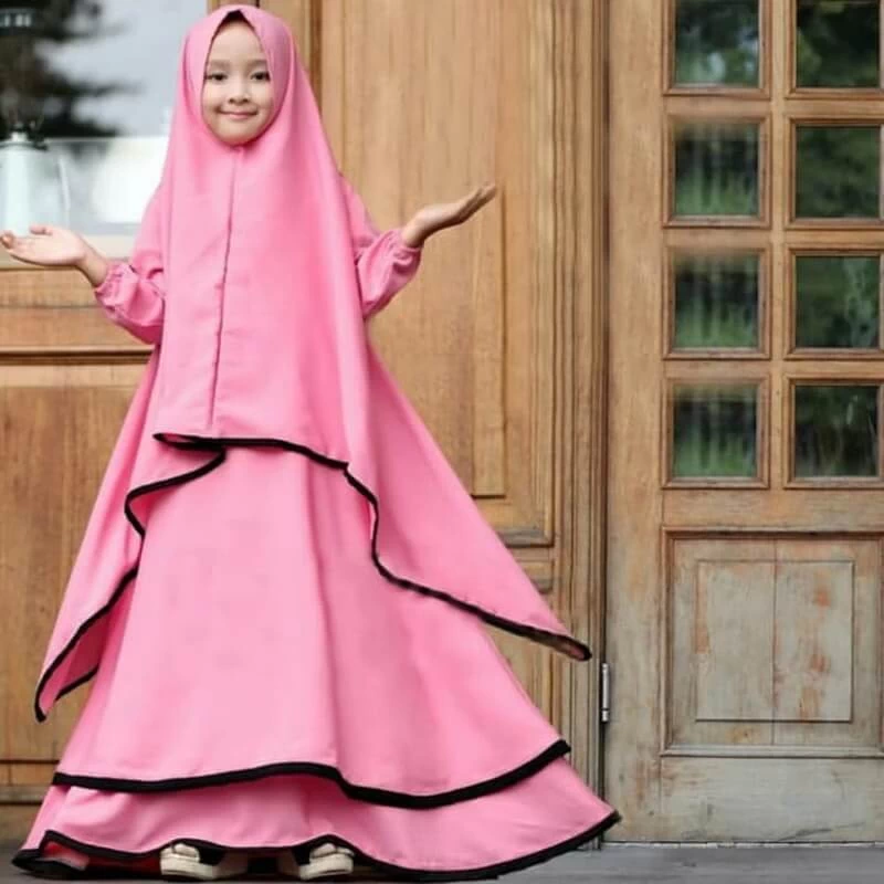 TK1130 Baju Anak Gamis Kombinasi Pink Lis Hitam Modern Shahia Hijab