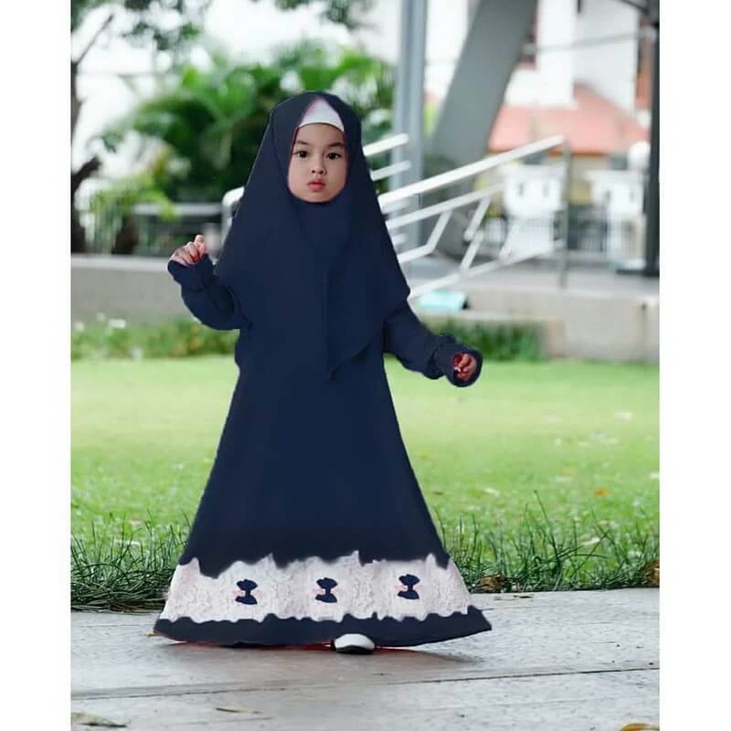 TK1137 Gamis Muslim Anak Warna Printing Bunga Navy Modern Shahia Hijab