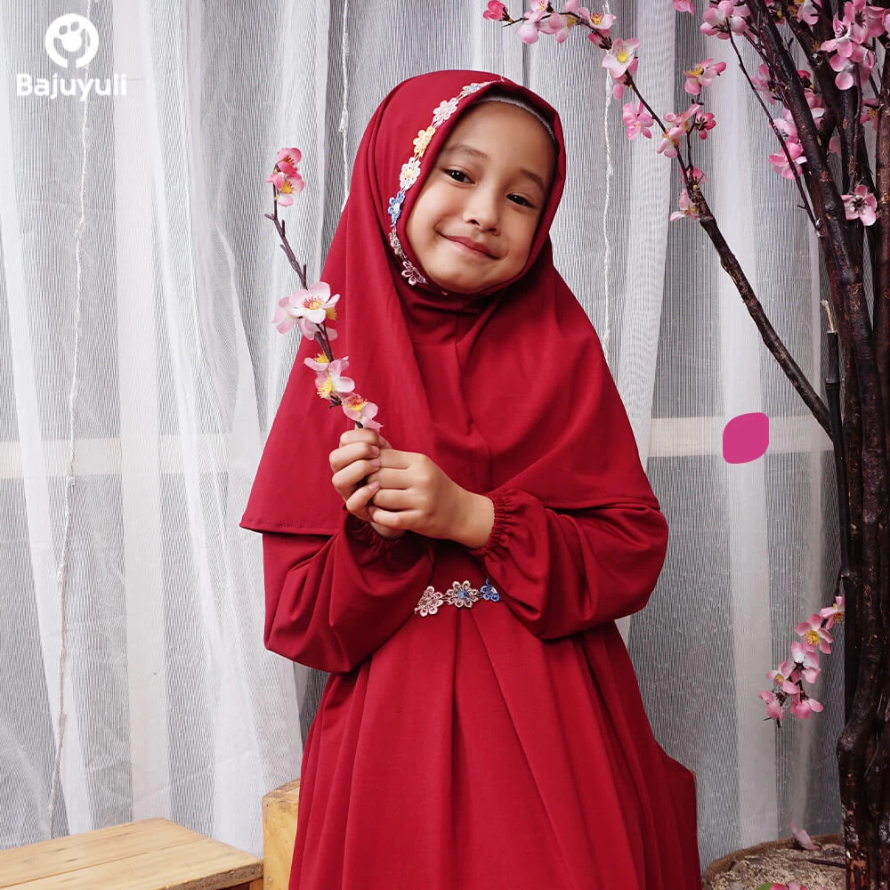 TK1150 Gamis Muslim Anak Warna Marun Bunga Terbaru 2022 Shahia Hijab