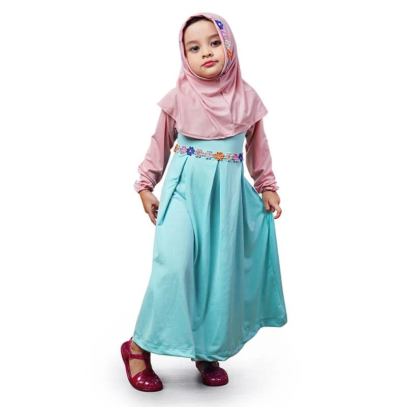 Gamis Anak Baju Muslim Anak Perempuan Kombinasi Jersey Renda Murah Cantik - Mint Peach