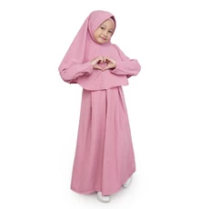Gamis Anak Baju Muslim Anak Perempuan Polos Basic Wolfis Set Jilbab Murah Cantik - Pink