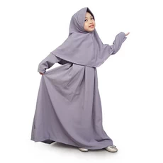 Gamis Anak Baju Muslim Anak Perempuan Polos Basic Wolfis Set Jilbab Murah Cantik - Abu