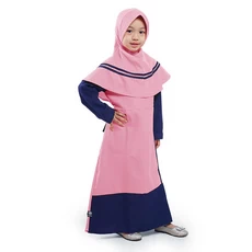 Gamis Anak Baju Muslim Anak Perempuan Kombinasi Garis Moscrepe Murah Cantik - Pink
