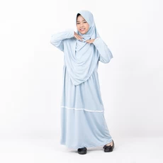 Gamis Anak Perempuan Baju Muslim Set Jilbab Syari Jumbo XXL Polos Biru Langit Telur Asin